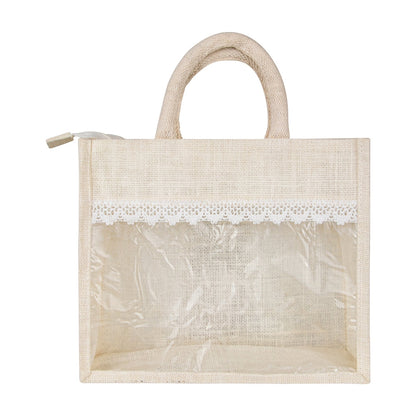 Off white lace window jute hamper bag with zip — front view