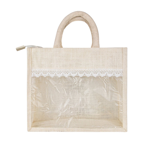 Jute Window Hamper Bag with Lace – Ivory (10 x 8 x 5 Inch)