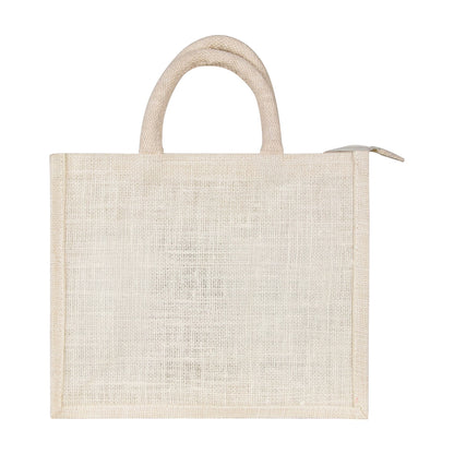 Off white lace window jute hamper bag with zip — back view