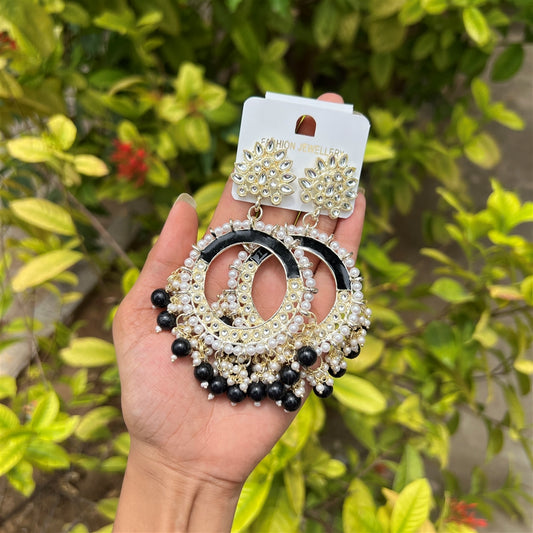 Kundan & Pearl Studded Black Circular Jhumka Earrings with Beaded Drops