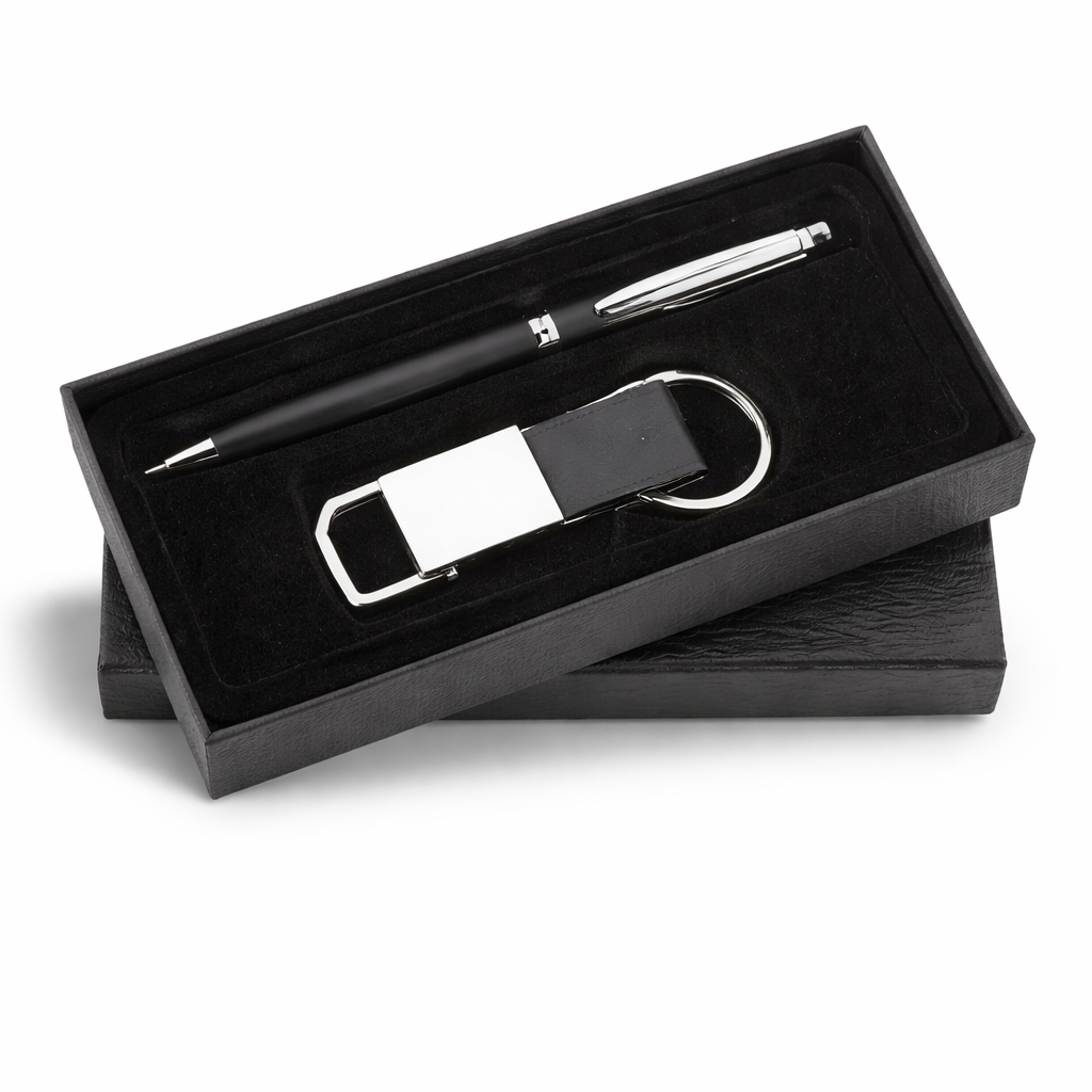 SR-111 / SR-112 Premium Corporate Gift Set – Metal Pen & Leatherette Keychain with Elegant Box