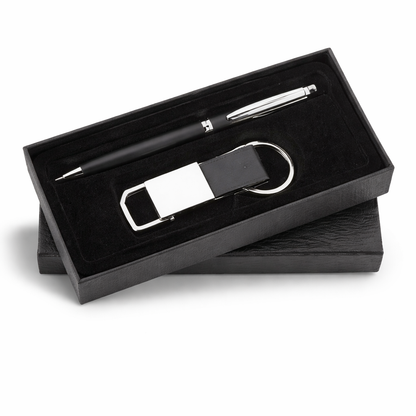 SR-111 / SR-112 Premium Corporate Gift Set – Metal Pen & Leatherette Keychain with Elegant Box