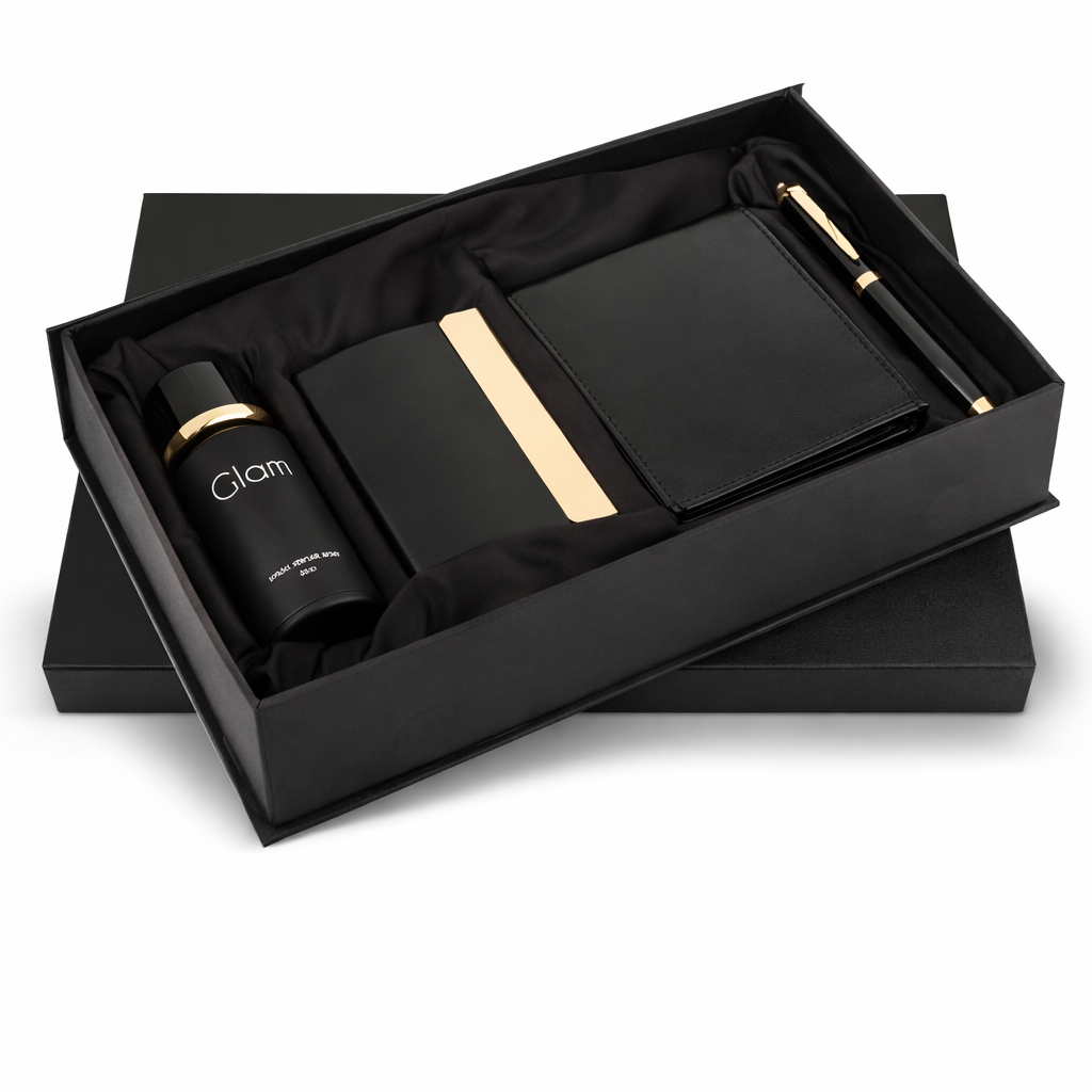 SR-135 Premium Corporate Hamper – Perfumo Wallet, Perfume, Pen & Cardholder Set
