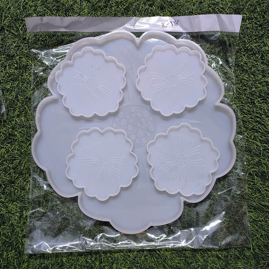 Flower Tray 1Piece 13Inch and Coaster  4.5Inch 4Pcs Set Silicon Mould (SM133)