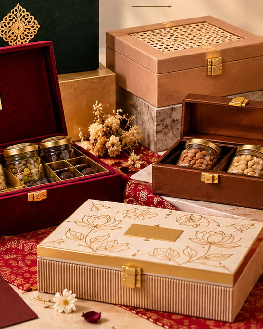 Festive gift boxes with decorative finishes and jar arrangements