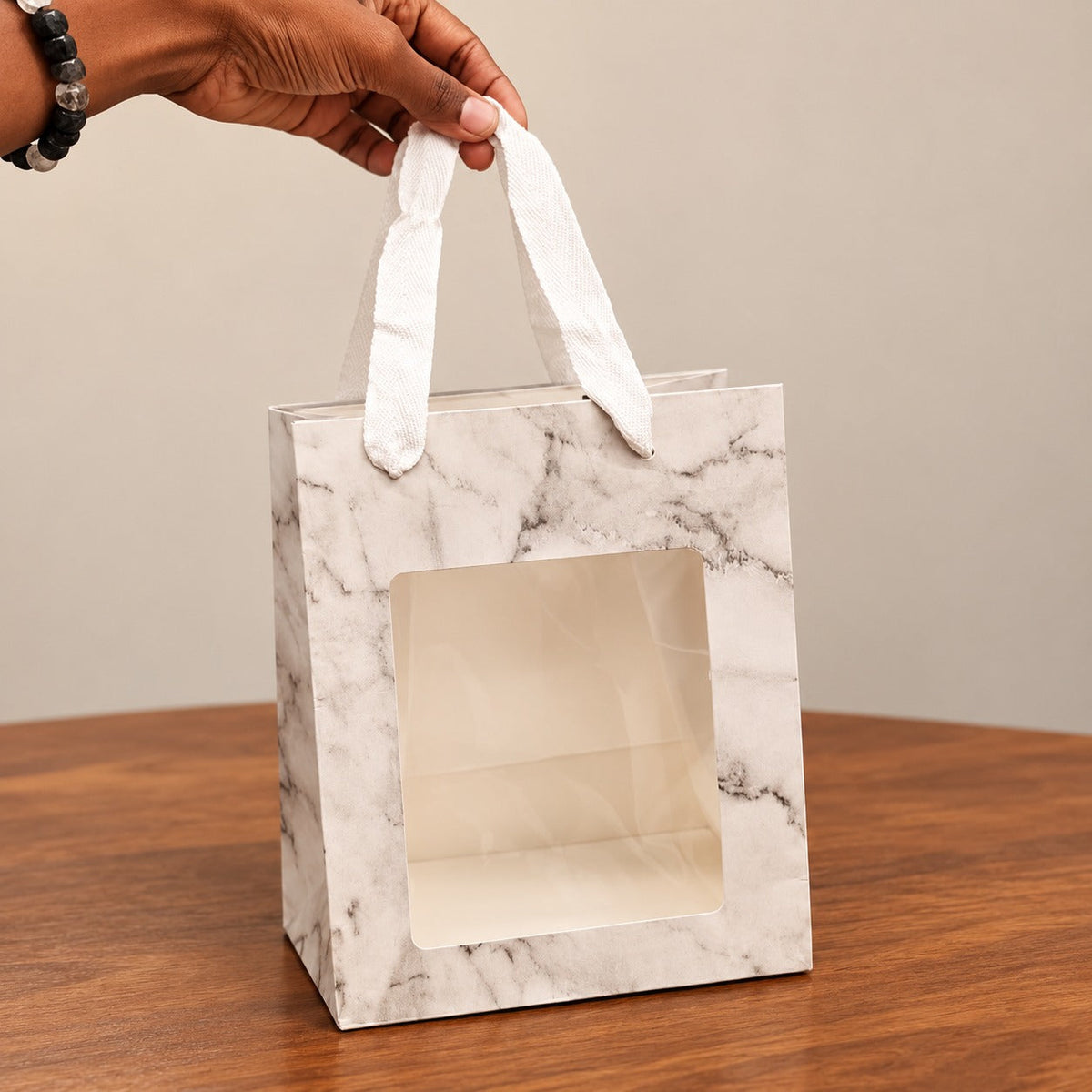 Marble Print Window Paper Gift Bag — 20 × 15 × 10 cm — 1 Pc