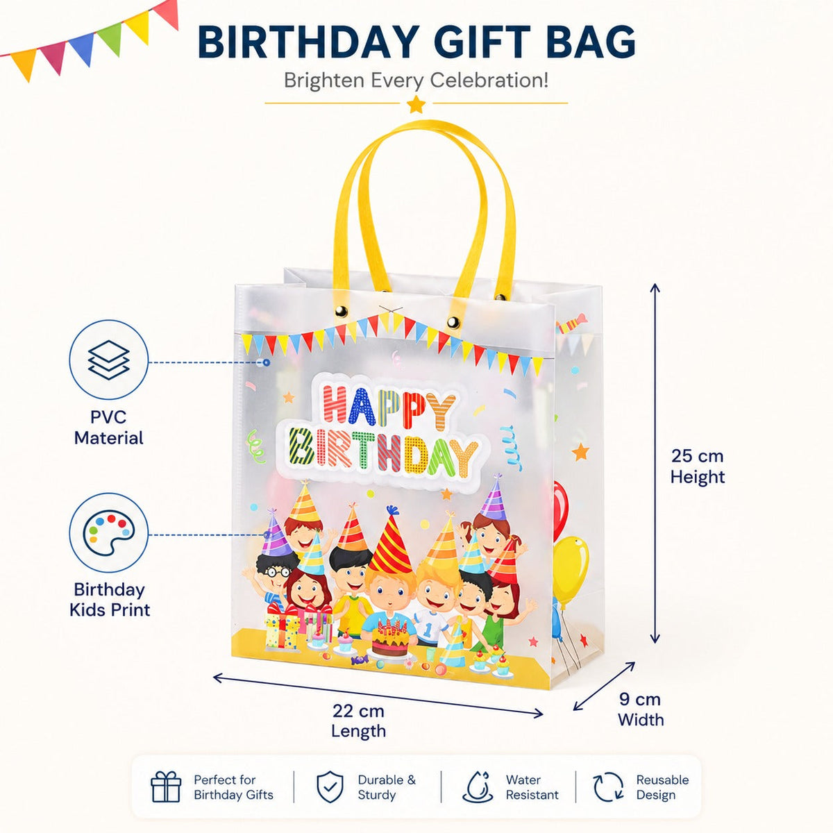 Birthday Print PVC Gift Bag — 22 × 9 × 25 cm — 1 Pc