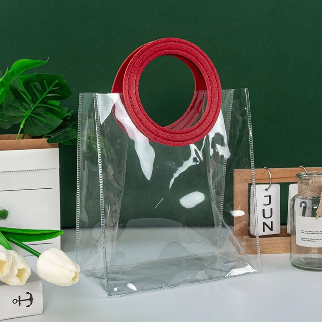 Maroon Circle-Handle Clear Gift Bag — Small, 18 × 9 × 20 cm — 1 Pc