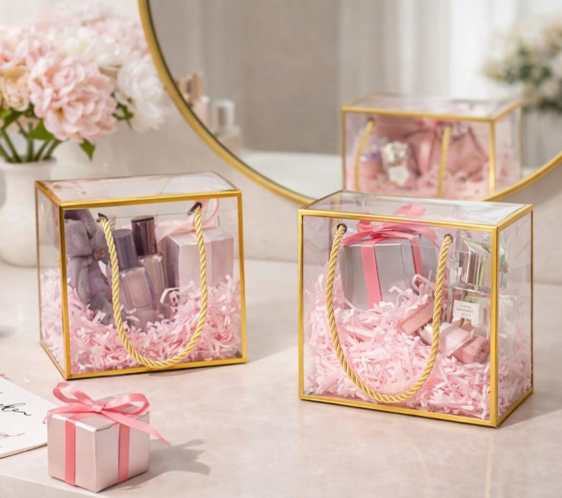 Gold Border Clear Square Gift Bag — Small, 14 × 7 × 14 cm — 1 Pc