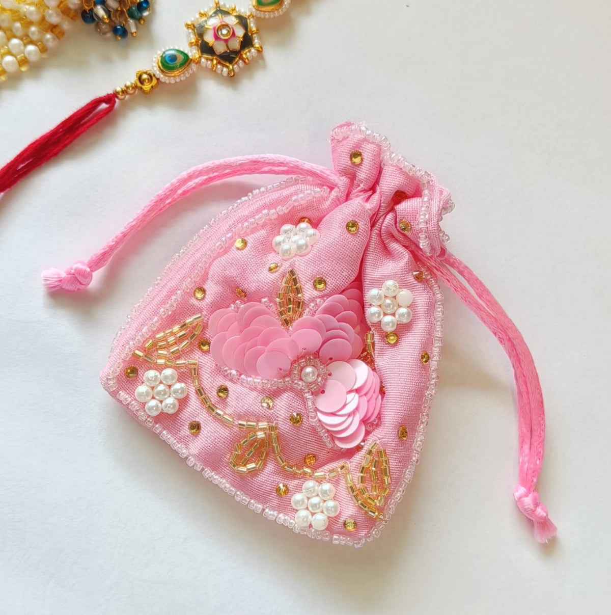 Pink Floral Drawstring Potli — 9 × 8 cm — 1 Pc