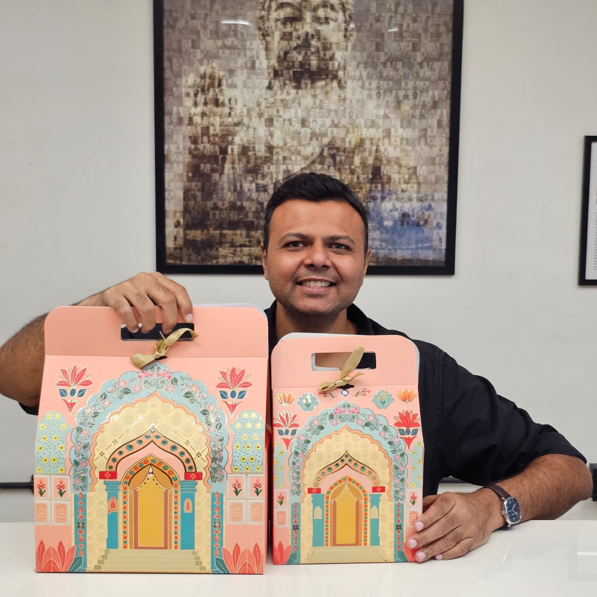 Peach Rajwadi Folding Hamper Box — Large, 14.5 × 12 × 6 inches — 1 Pc