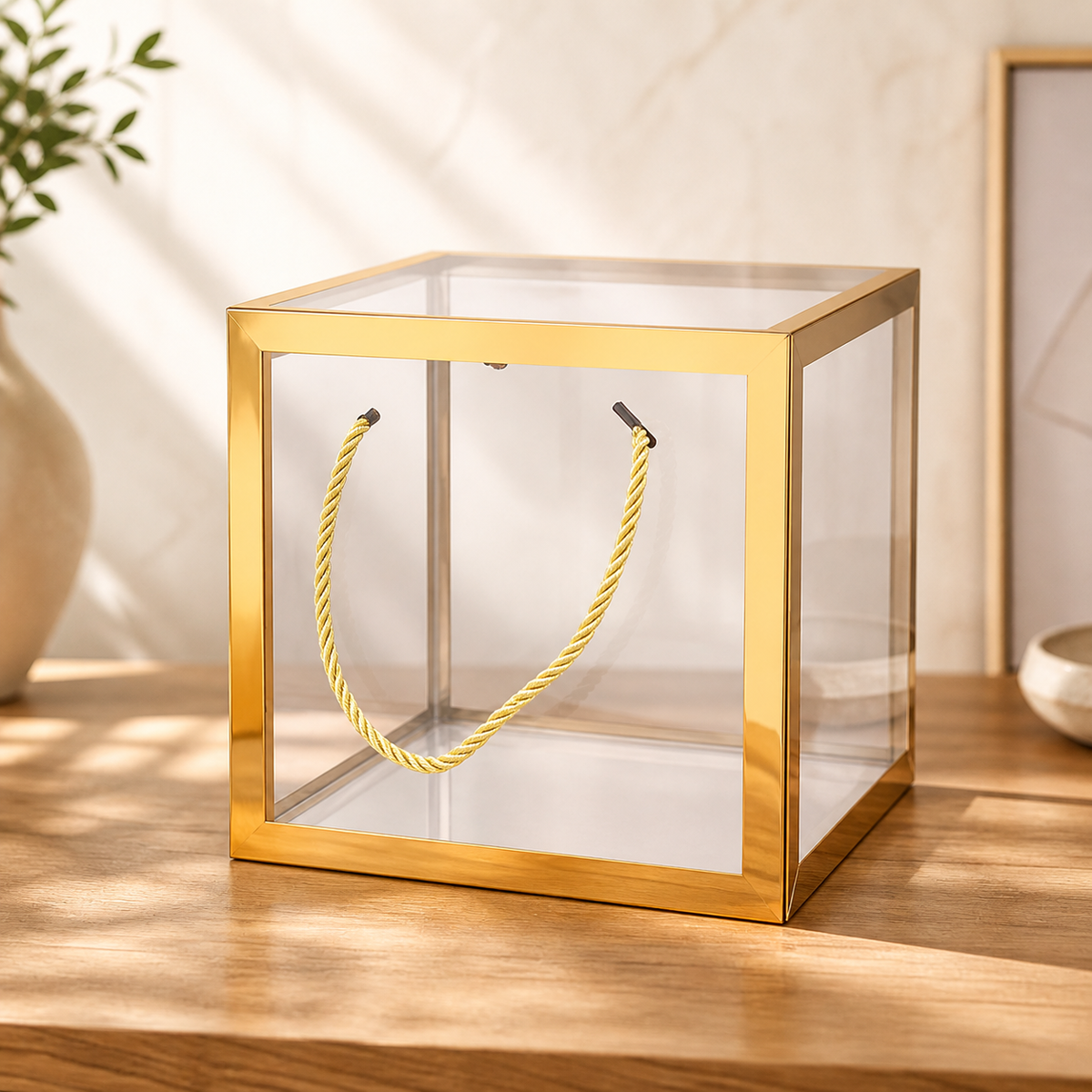 Clear Frame & Rope-Handle Gift Box — 21 × 21 × 21 cm — 1 Pc