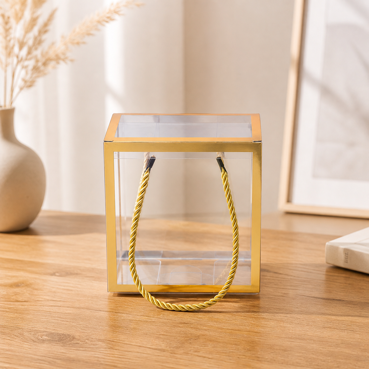 Clear Frame & Rope-Handle Gift Box — 12 × 12 × 12 cm — 1 Pc