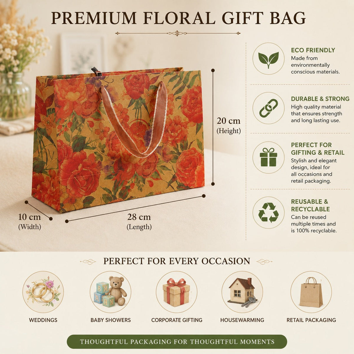 Autumn Floral Paper Gift Bag — 28 × 20 × 10 cm — 1 Pc