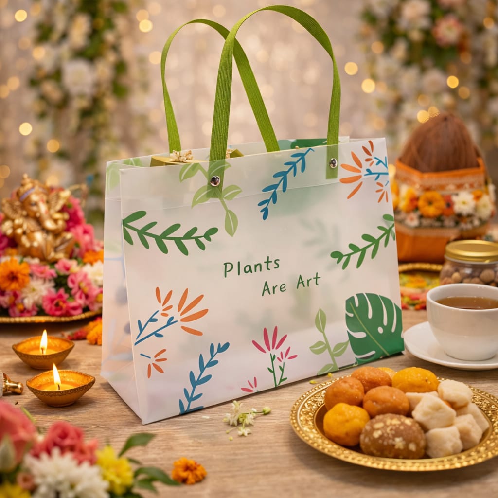 Botanical Print PVC Gift Bag — Large, 32 × 14 × 35 cm — 1 Pc
