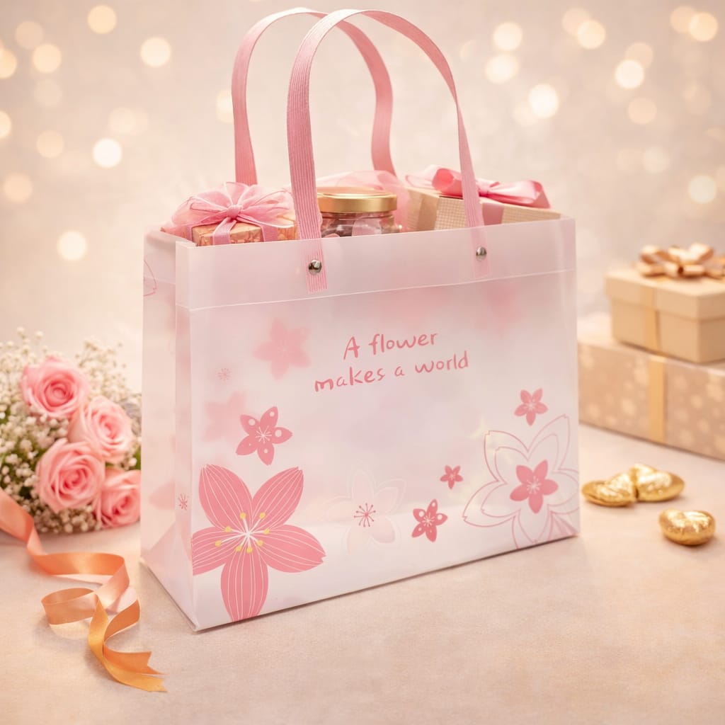 Blossom Print PVC Gift Bag — Medium, 13 × 10 × 4 inches — 1 Pc