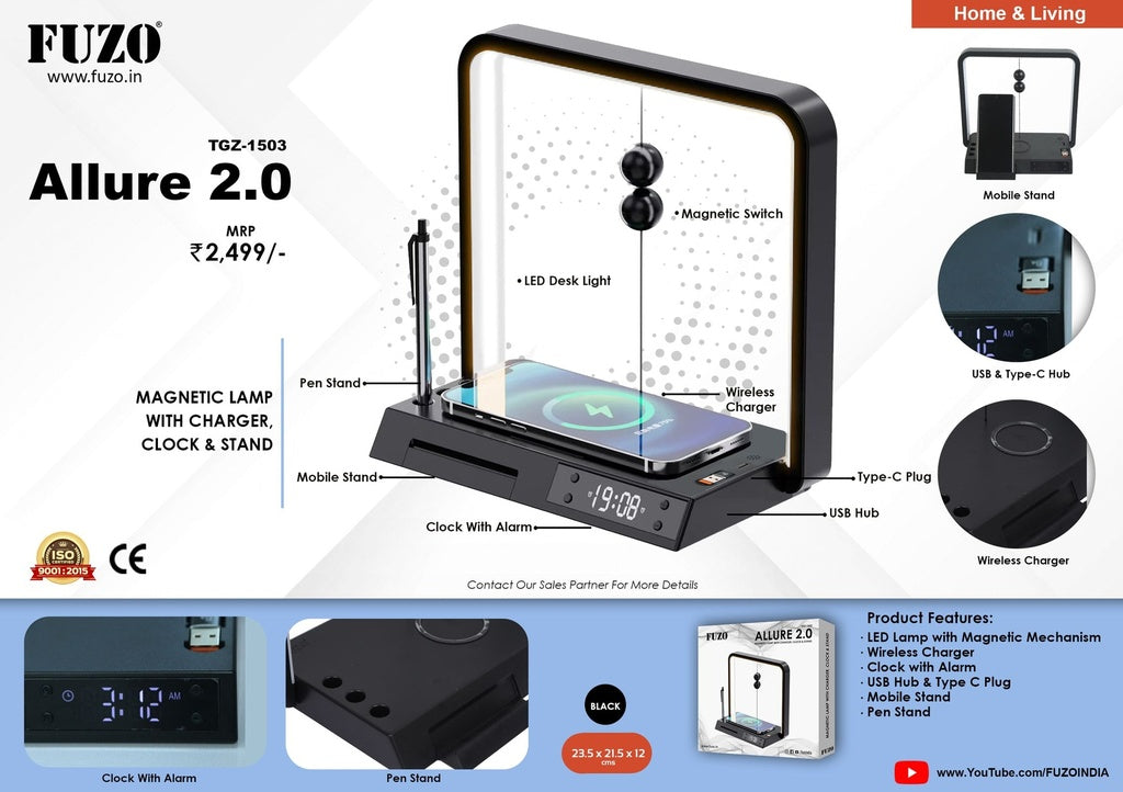 Allure 2.0 - Magnetic Lamp with Charger, Clock & Stand