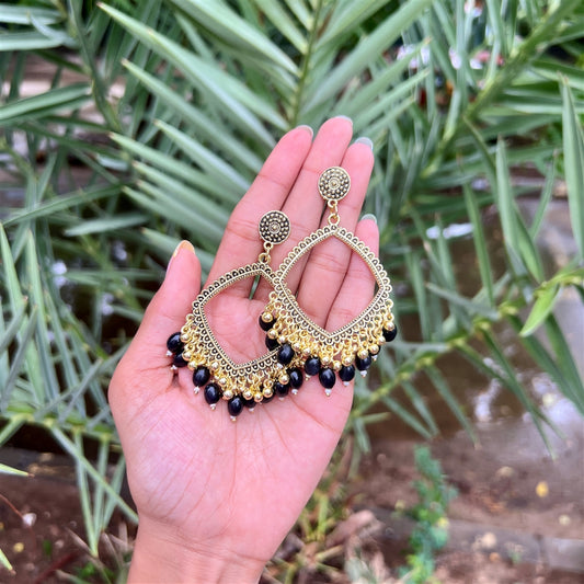 Traditional Gold Diamond-Shaped Jhumkas with Black Beads