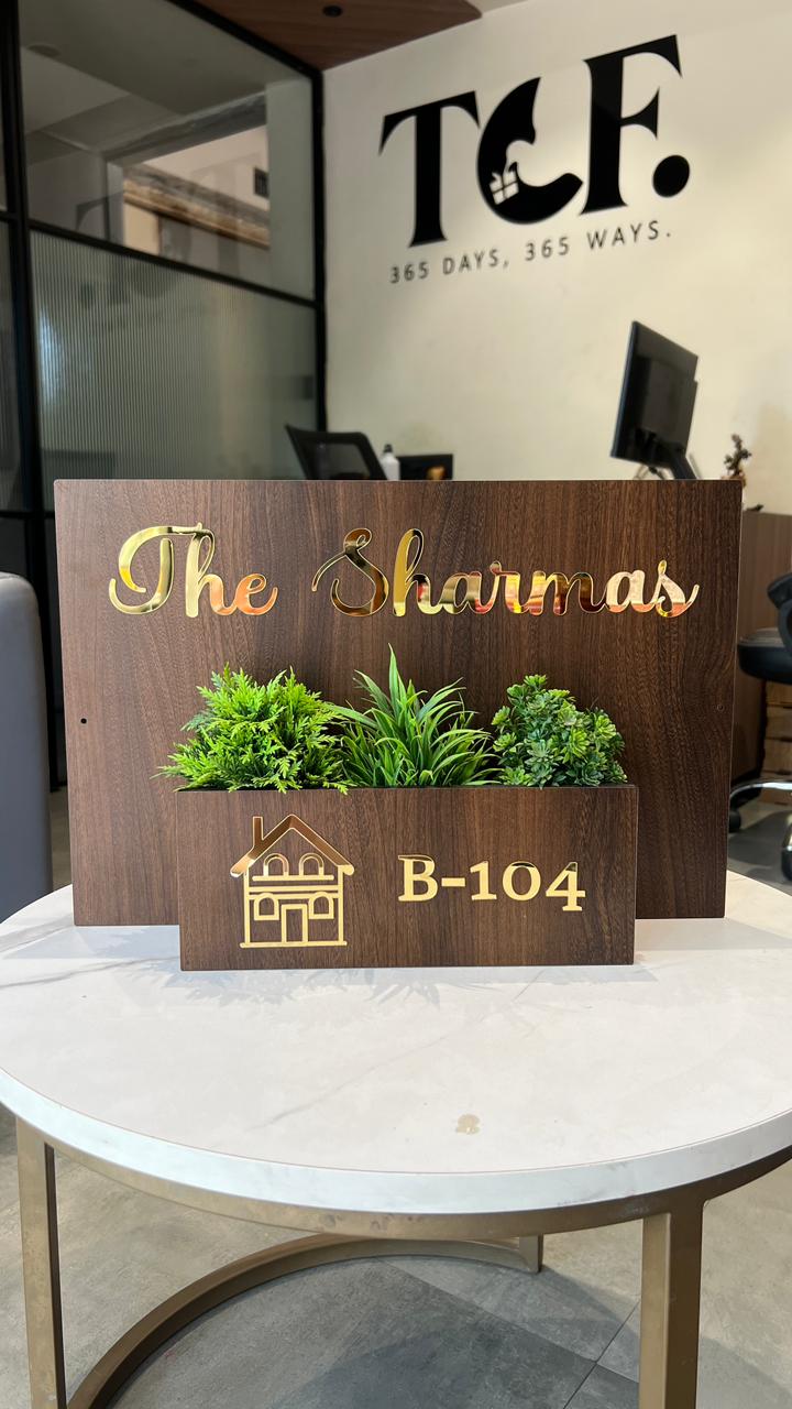 Personalized Wooden Name Plate for Home - 12x18 Inch MDF with Acrylic Letters & Integrated Planter