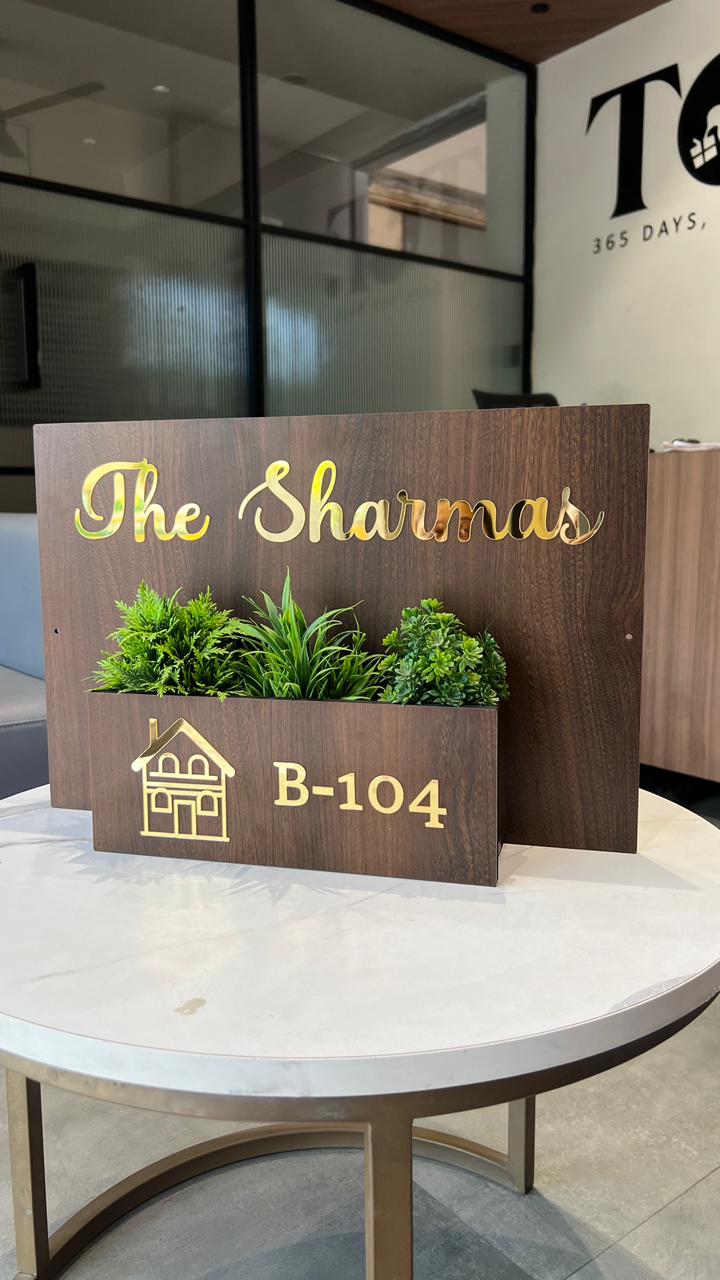 Personalized Wooden Name Plate for Home - 12x18 Inch MDF with Acrylic Letters & Integrated Planter