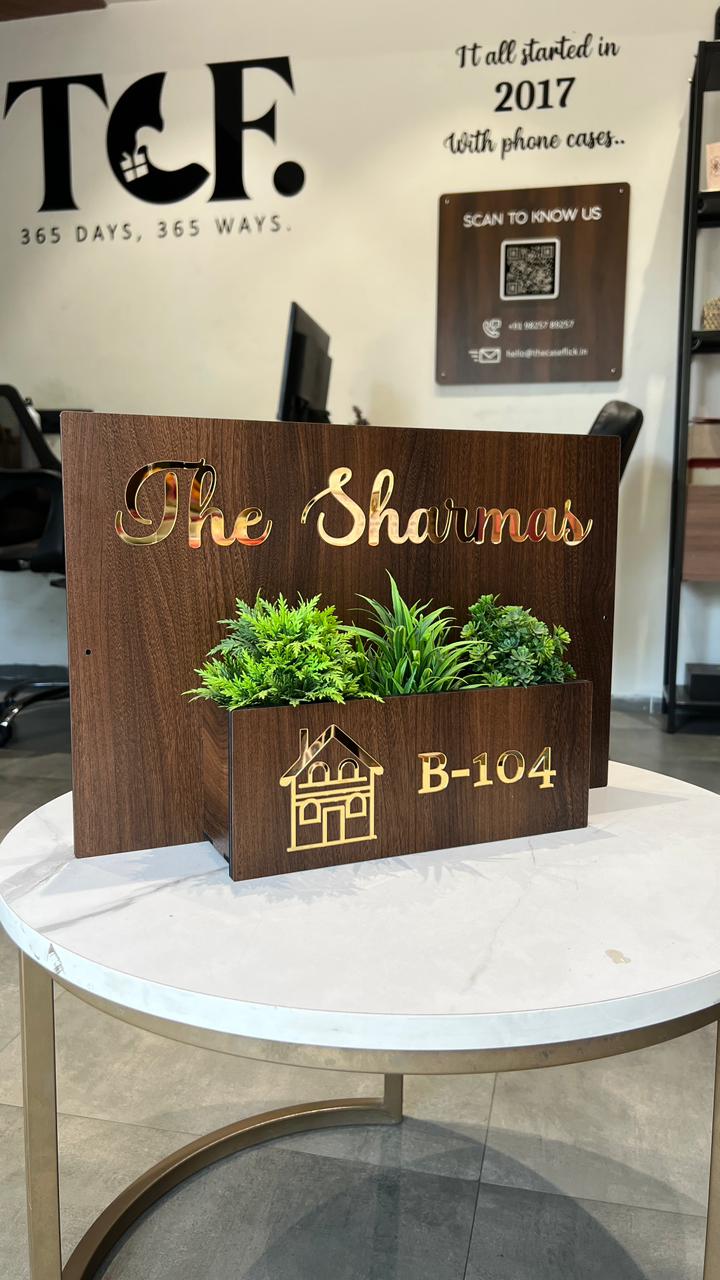 Personalized Wooden Name Plate for Home - 12x18 Inch MDF with Acrylic Letters & Integrated Planter