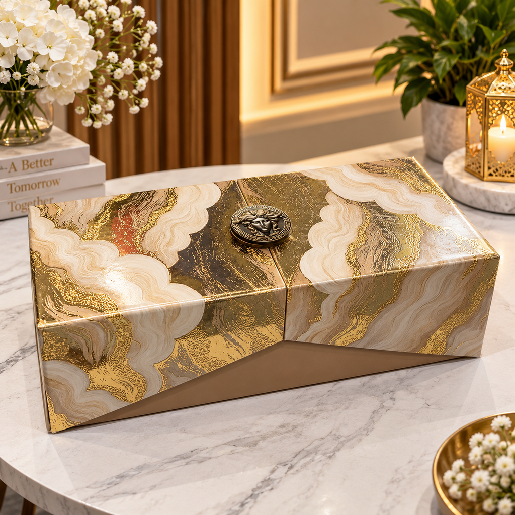 Champagne beige and antique gold marble-finish Kappa Board dry fruit and chocolate gift box with 3 jars
