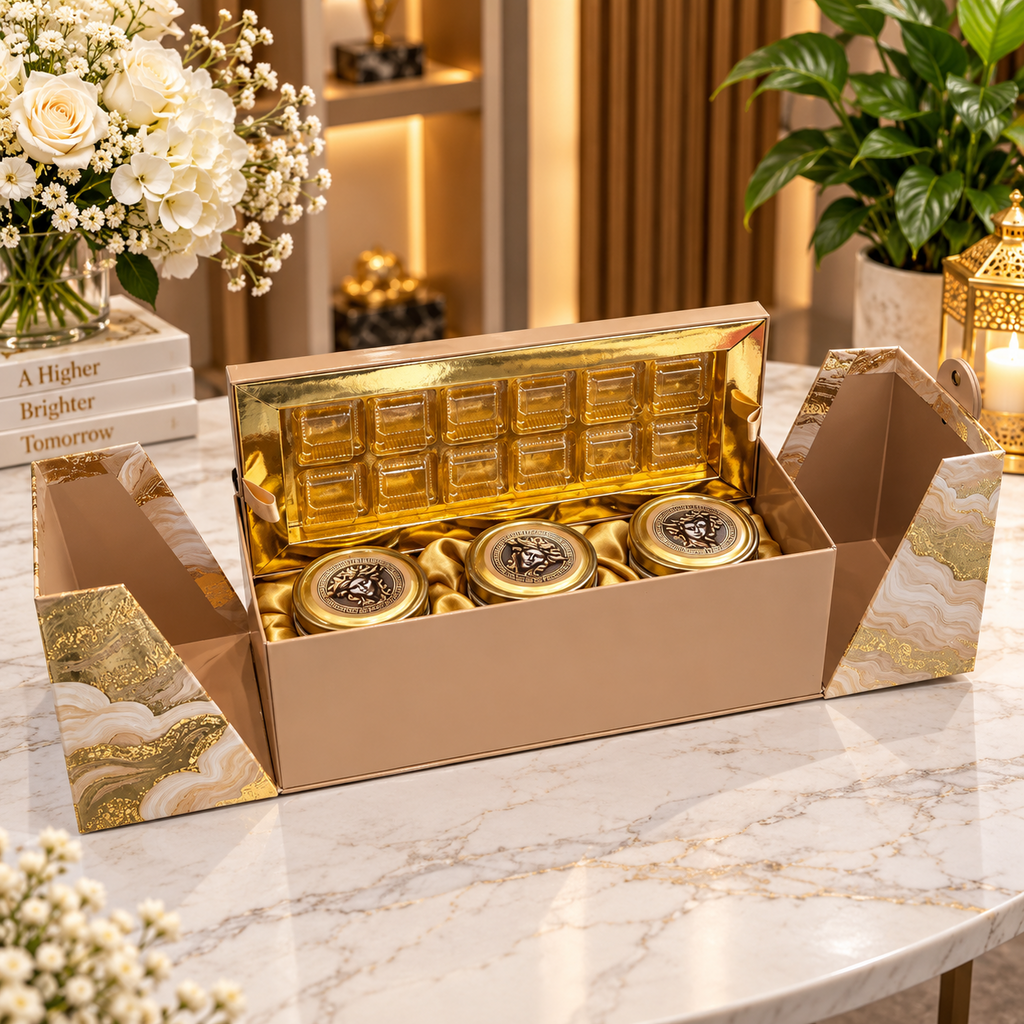 Open champagne beige and antique gold marble-finish Kappa Board gift box with 3 jars and chocolate cavity tray