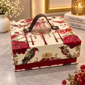 Ivory cream and crimson red floral bird Kappa Board dry fruit gift box with brown carry handle