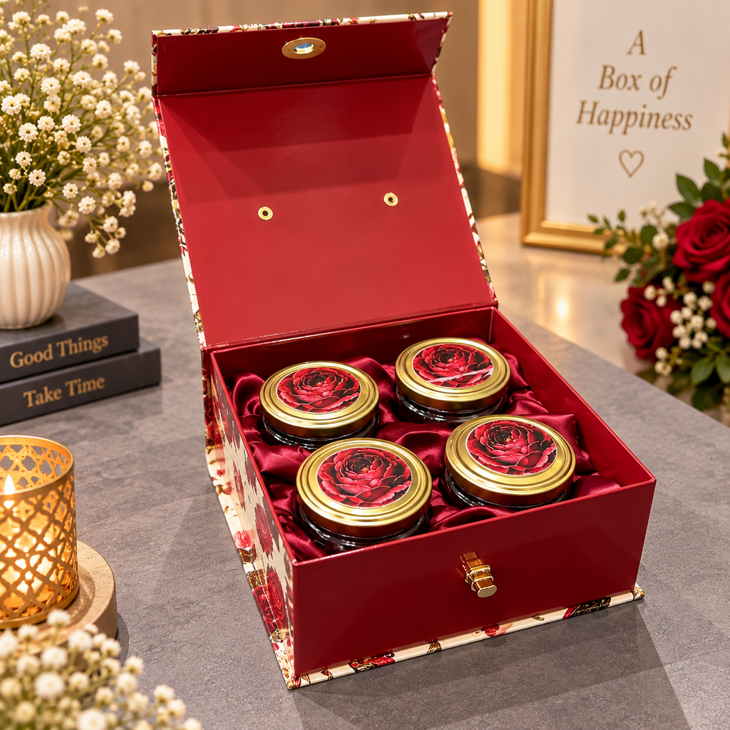 Open ivory cream and crimson red Kappa Board dry fruit gift box with 4 glass jars and rich red satin interior
