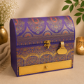 Kenzio blue Scodix printed MDF gift box with three jars and chocolate tray - closed view
