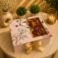 Kenzio blush pink and champagne gold Scodix printed MDF dry fruit gift box with four jars - closed view