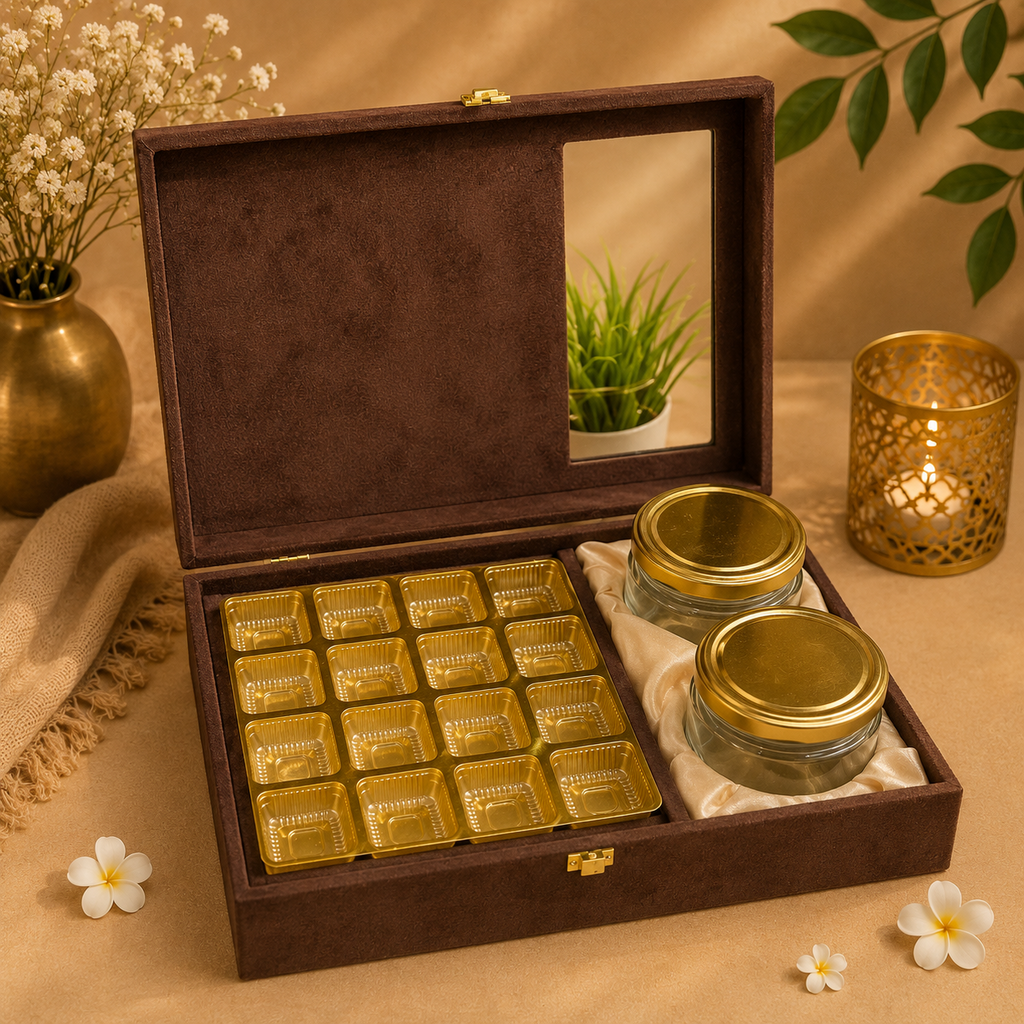 Kenzio brown velvet dry fruit and chocolate gift box with two jars and 16 cavity chocolate tray - open view