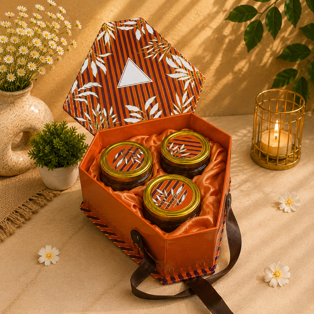 Kenzio burnt orange burgundy and ivory Scodix printed MDF gift box with three 300 ml jars - open view