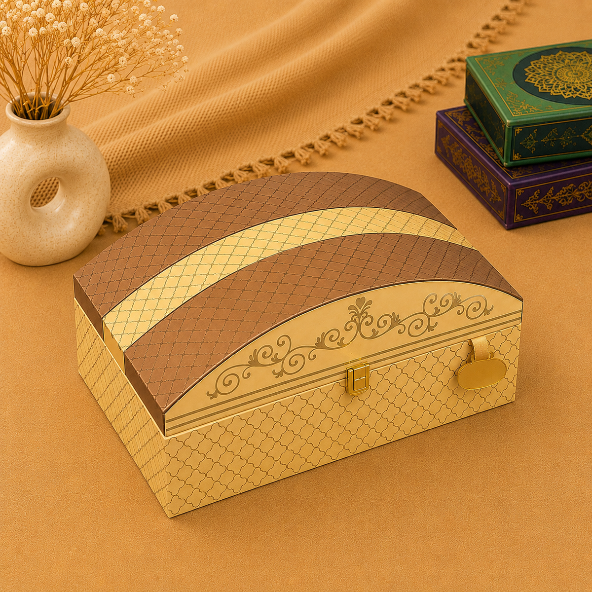 Kenzio champagne gold and mocha brown Scodix printed MDF gift box - closed view