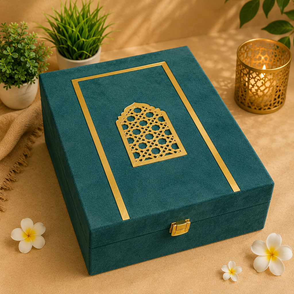 Dark green velvet MDF gift box with gold detailing, 13 x 9 x 3.5 inch
