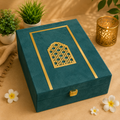 Dark green velvet MDF gift box with gold detailing, 13 x 9 x 3.5 inch