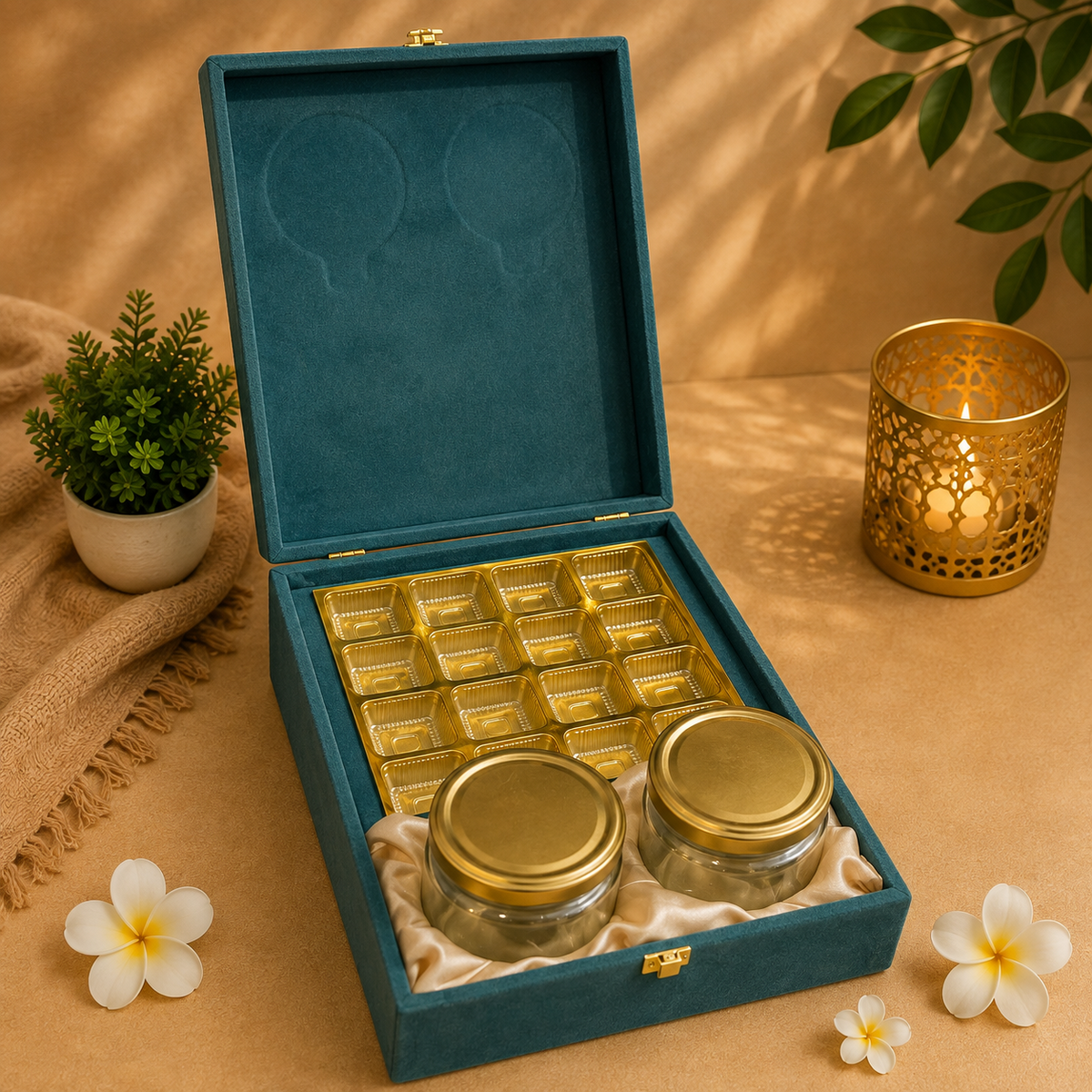 Open dark green velvet MDF gift box with 2 jars and 16-cavity chocolate tray