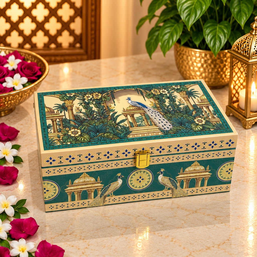 Kenzio emerald teal and ivory peacock Scodix printed MDF dry fruit gift box with 2 jars - closed view