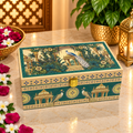Kenzio emerald teal and ivory peacock Scodix printed MDF dry fruit gift box with 2 jars - closed view