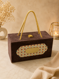 Kenzio espresso brown and gold MDF velvet dry fruit gift box with three jars - closed view