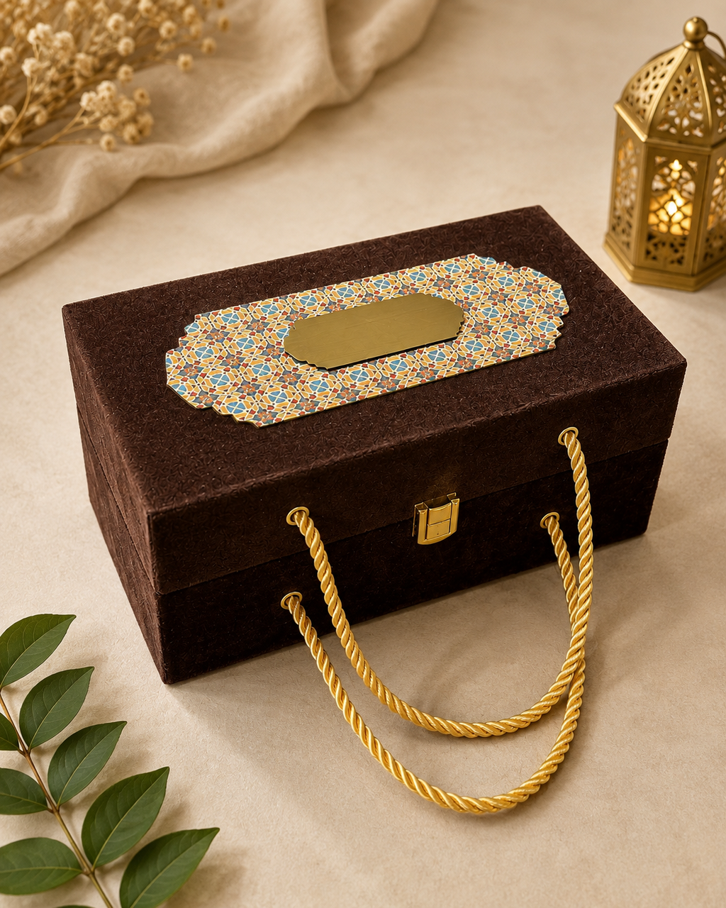 Kenzio espresso brown and gold MDF velvet dry fruit gift box - alternate closed view