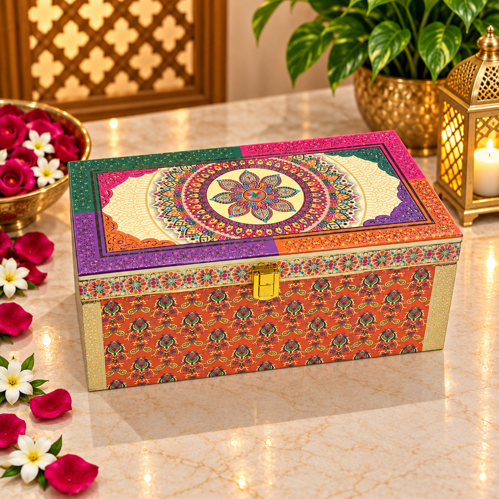 Kenzio festive multicolour mandala Scodix printed 2 jar dry fruit gift box closed view