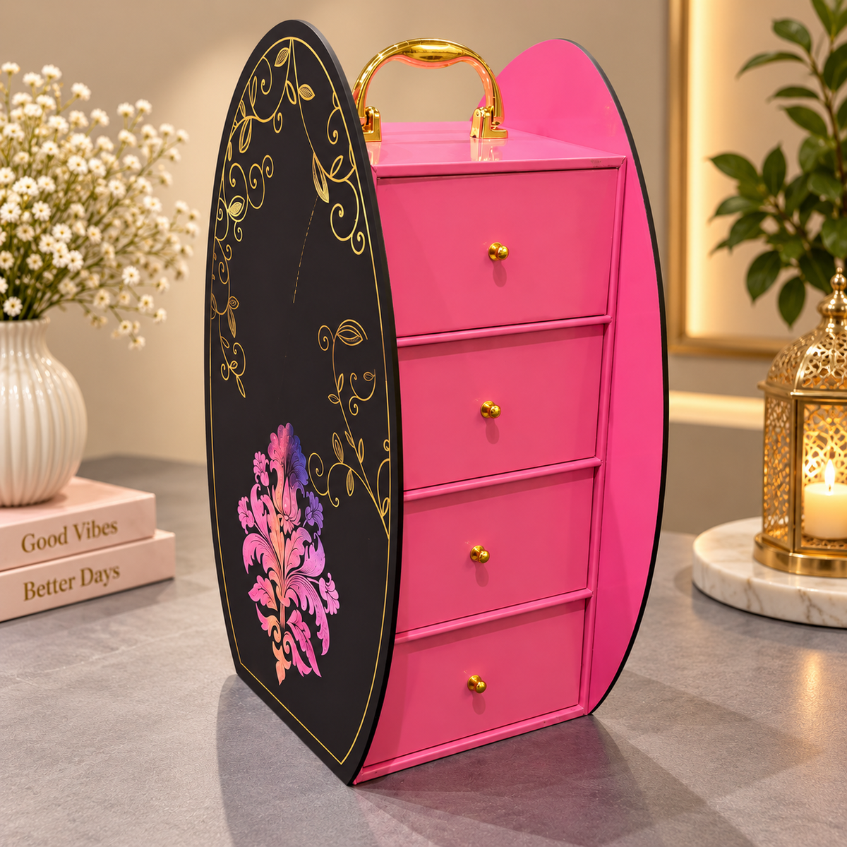 Fuchsia pink and matte black Scodix printed MDF 4 drawer dry fruit gift box with gold handle - closed view
