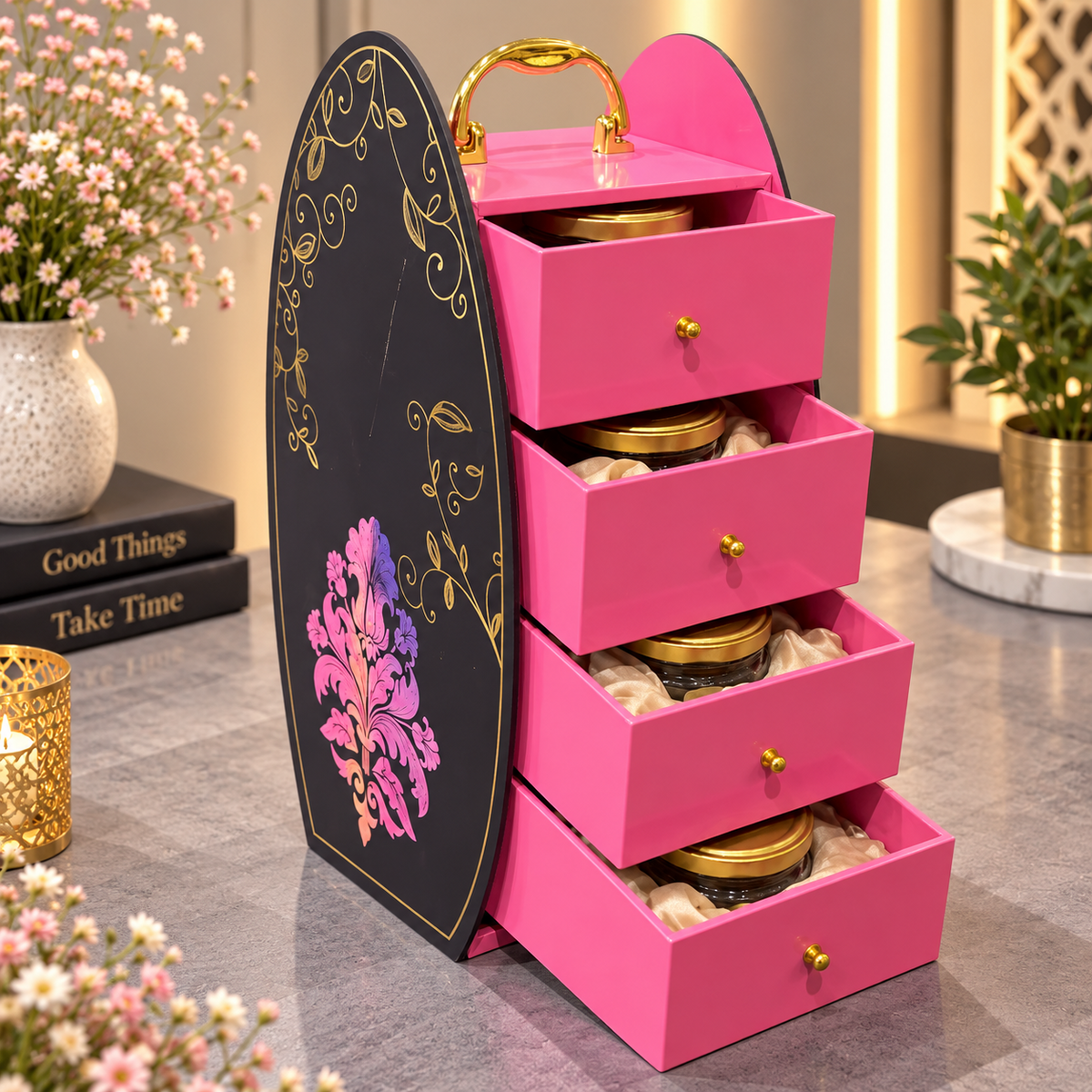 Fuchsia pink and matte black Scodix printed MDF dry fruit gift box with 4 pull-out drawers and 4 jars - open view