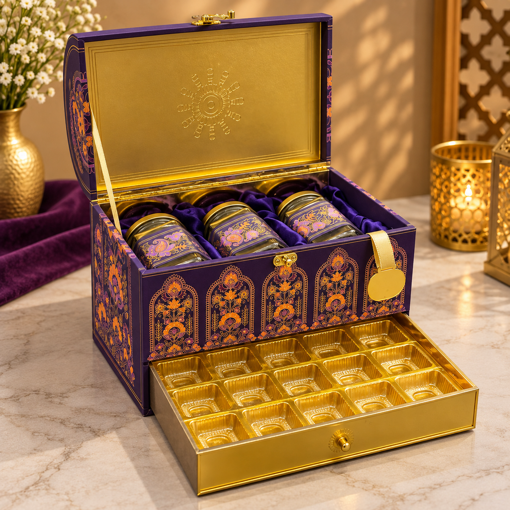 Imperial plum and gold Scodix printed MDF dry fruit gift box with 3 jars - open view