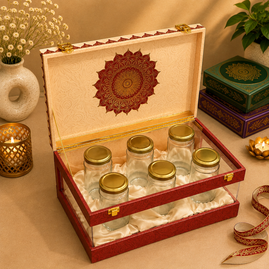 Kenzio ivory cream and deep red Scodix printed MDF gift box with six 200 ml jars - open view