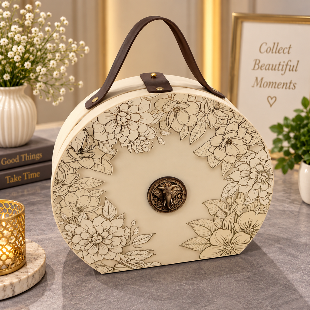 Kenzio ivory cream and walnut brown round Kappa board dry fruit gift box with 4 jars - closed view