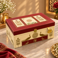 Ivory cream and deep maroon peacock Scodix printed MDF dry fruit and chocolate gift box with 4 jars and drawer - closed view