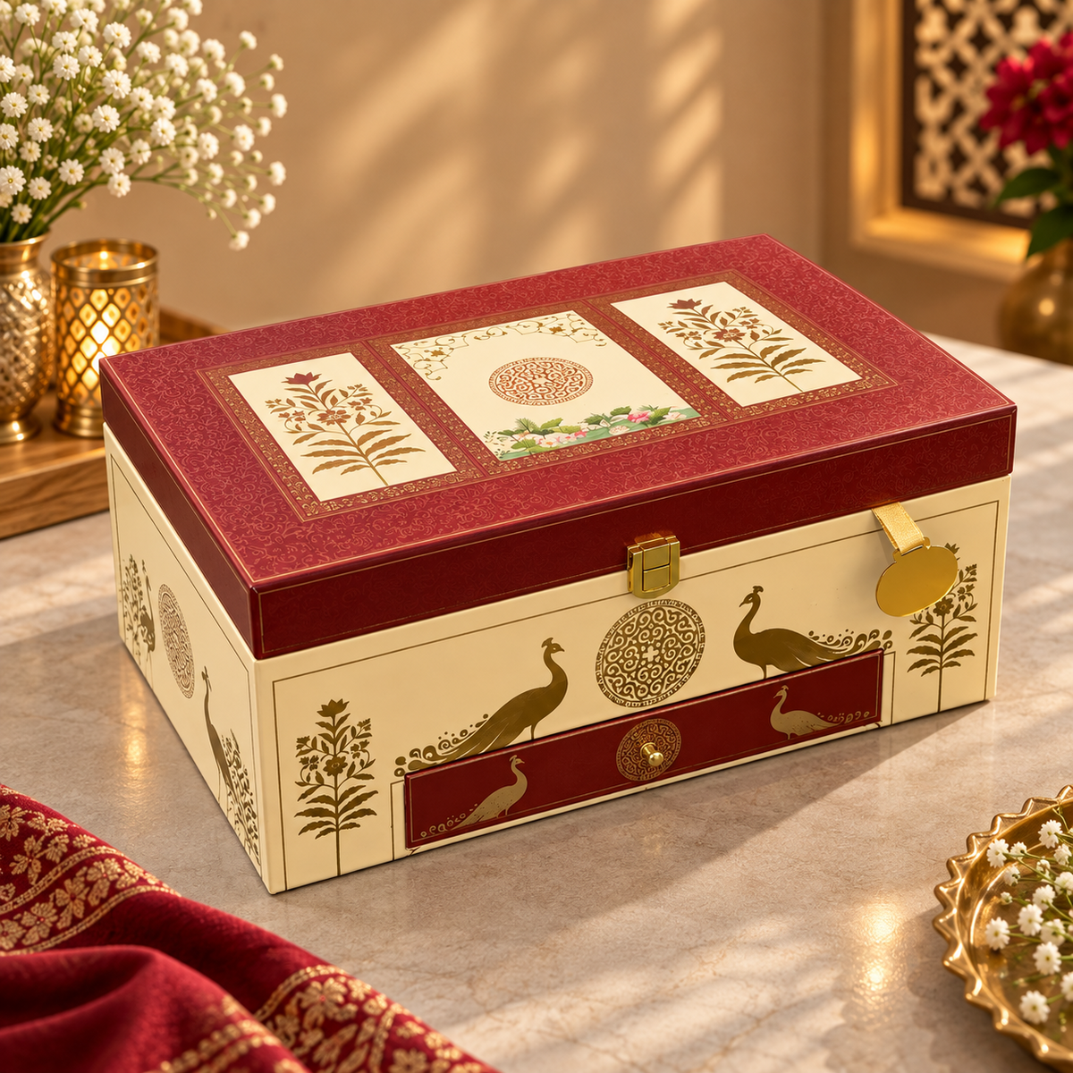 Ivory cream and deep maroon peacock Scodix printed MDF dry fruit and chocolate gift box with 4 jars and drawer - closed view
