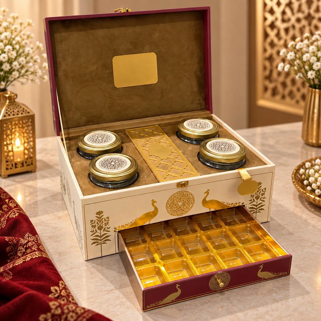 Ivory cream and deep maroon peacock Scodix printed MDF dry fruit and chocolate gift box with 4 jars and 15 cavity tray - open view